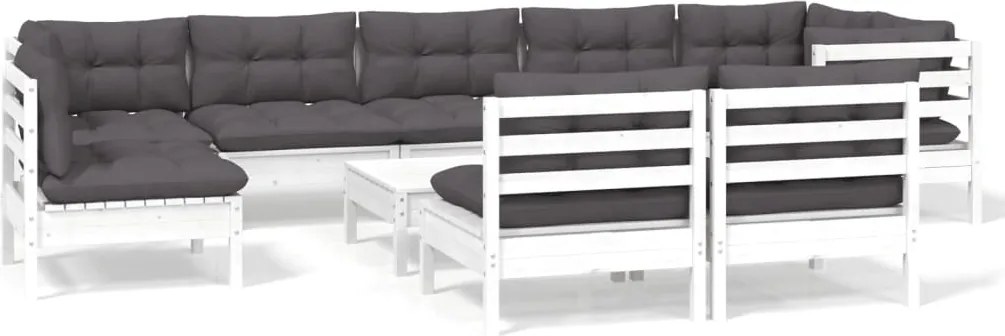 vidaXL Set mobilier grădină cu perne, 10 piese, alb, lemn masiv pin