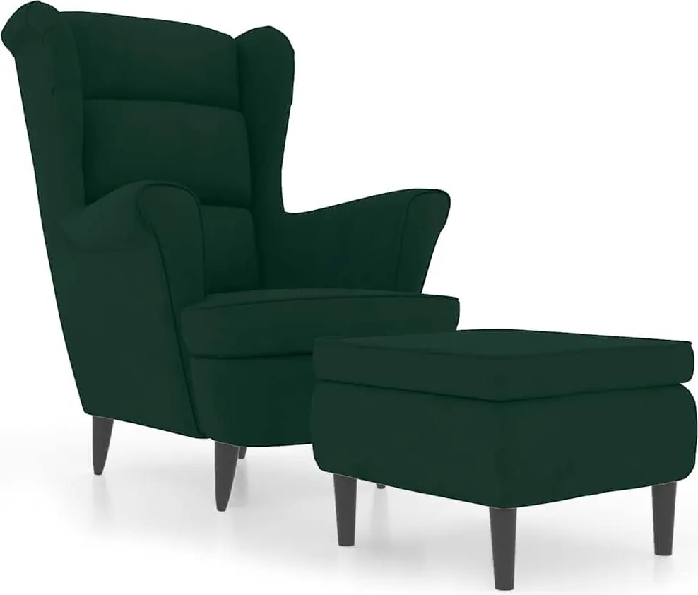 vidaXL Fotoliu cu spătar cu aripi, cu taburet, verde, catifea