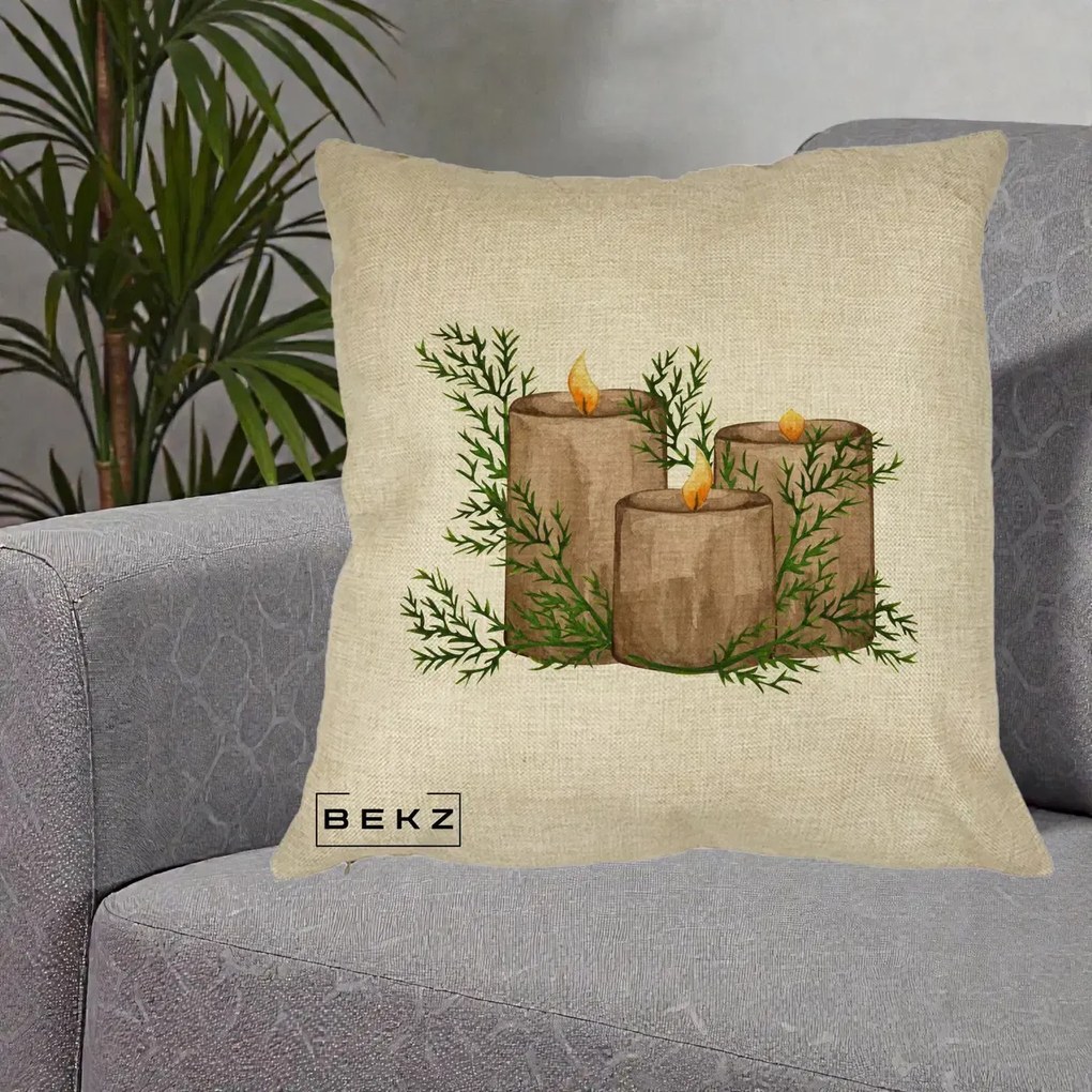 Perna Decorativa Lumanari Rustice cu Crengute Brad, 40x40 cm, Crem, Husa Detasabila, Perna Inclusa, BEKZ®