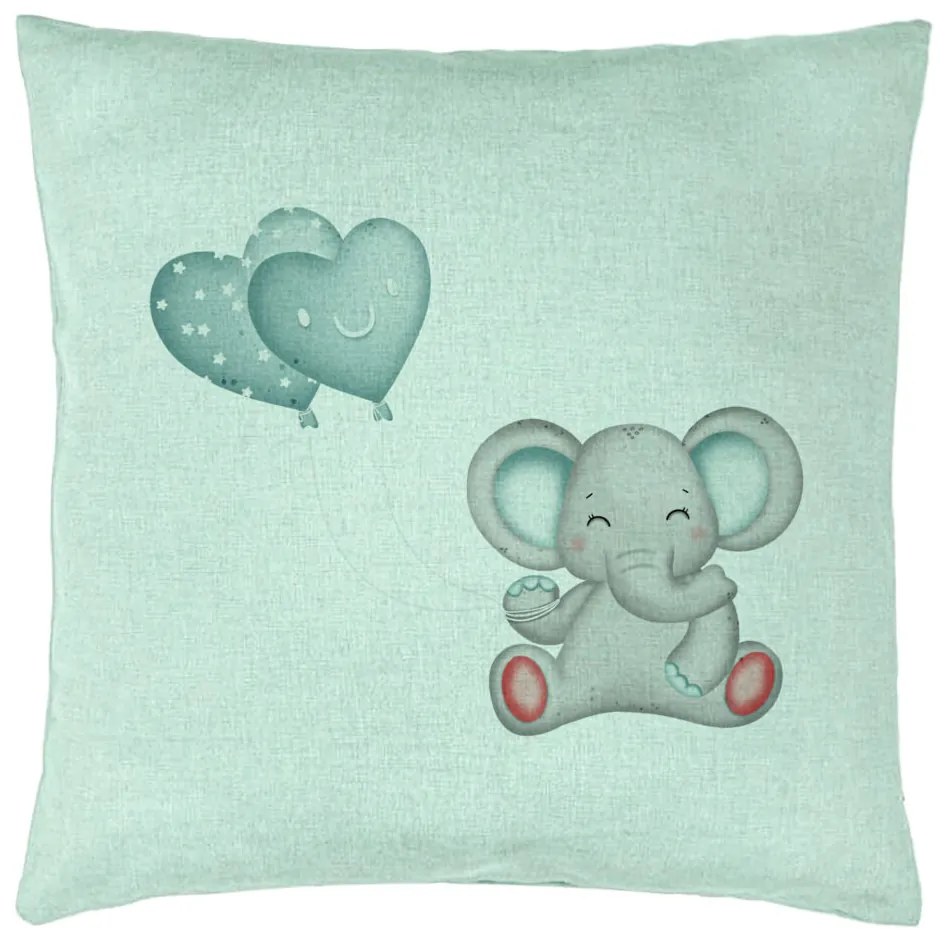 Perna Decorativa, Model Elefant si baloane in forma de inimioare, 40x40 cm, Verde Menta, Husa Detasabila, Burduf