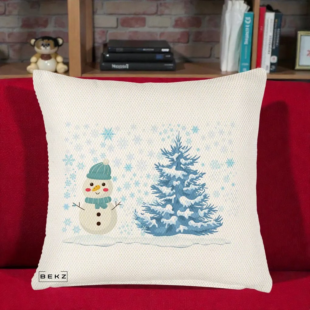 Perna Decorativa Om de Zapada si Brad Craciun, 40x40 cm, Crem Reliefat, Husa Detasabila, Perna Inclusa, BEKZ®