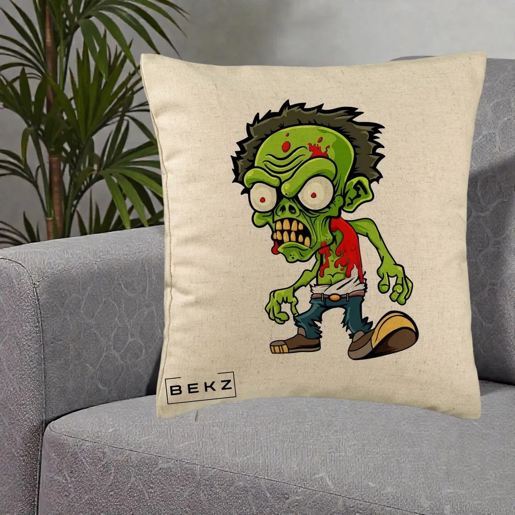 Perna Decorativa Zombie Halloween, 40x40 cm, Bej, Husa Detasabila, Perna Inclusa, BEKZ®