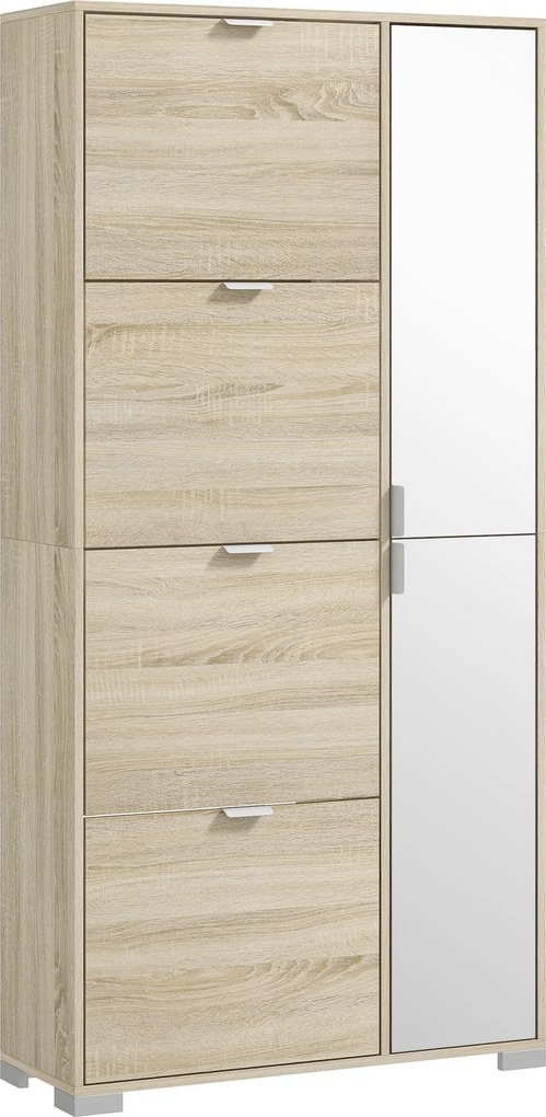 HOMCOM Etajeră pentru Pantofi cu Oglindă, 4 Sertare Rabatabile și 2 Dulapuri, 82x30x168 cm, Culoare Stejar | Aosom Romania