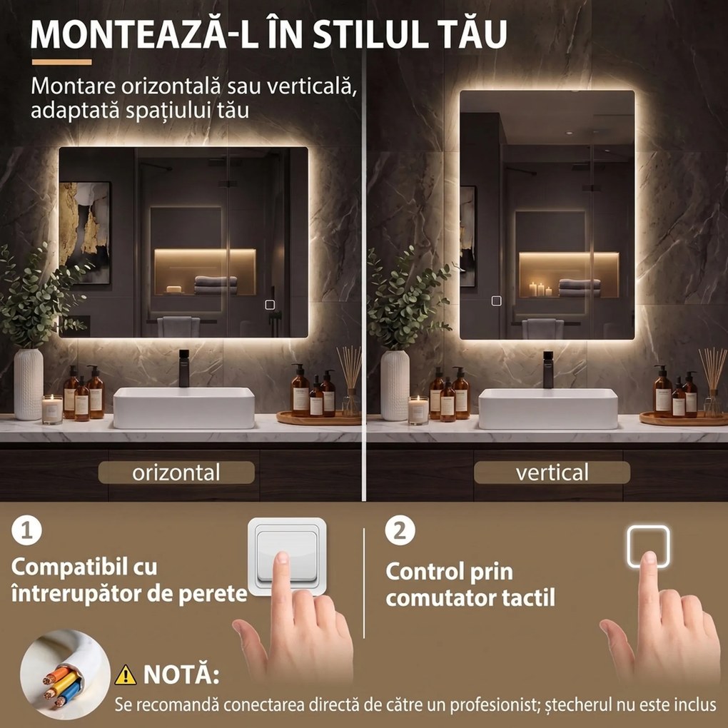 HOMCOM Oglindă de Baie cu LED 60x80 cm, 3 Culori, Intensitate Reglabilă, Memorie, Antiaburire, Comutator Tactil | Aosom Romania