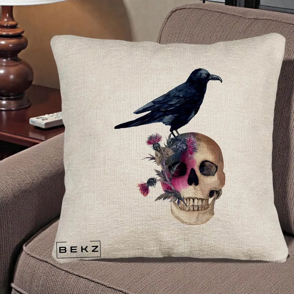 Perna Decorativa Craniu cu Corb si Flori Gothic, 40x40 cm, Bej Canapea, Husa Detasabila, Perna Inclusa, BEKZ®