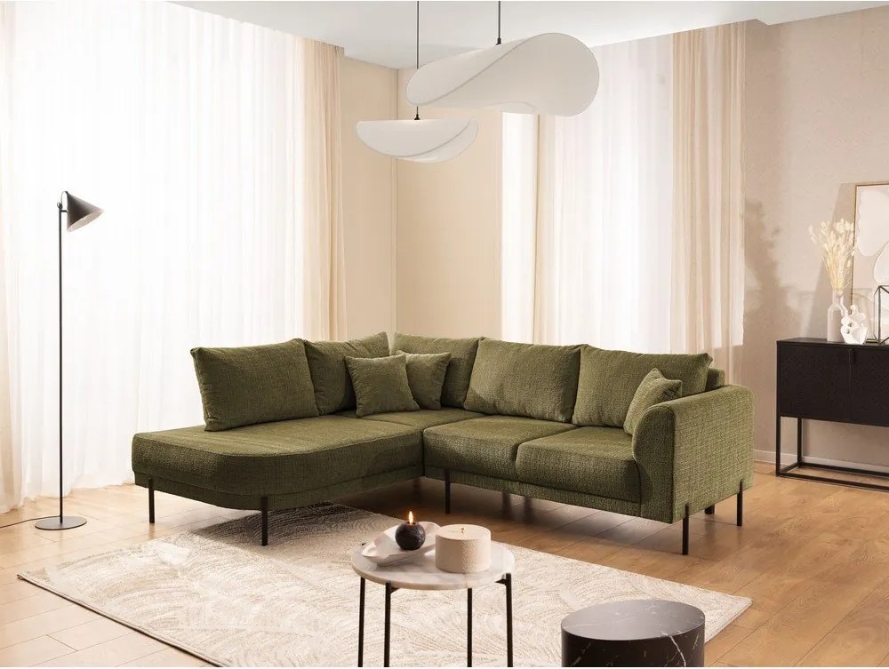 Colțar verde cu tapițerie din chenille (cu colț pe partea stângă/în formă de ”L”) Mauris – Ropez