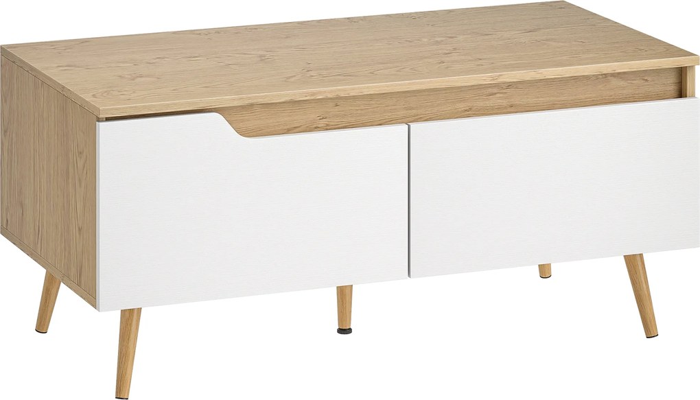 HOMCOM Masă de cafea dreptunghiulară, masă de living modernă cu 2 sertare, 5 picioare din lemn de pin, 100x50x46cm, stejar și alb | Aosom Romania