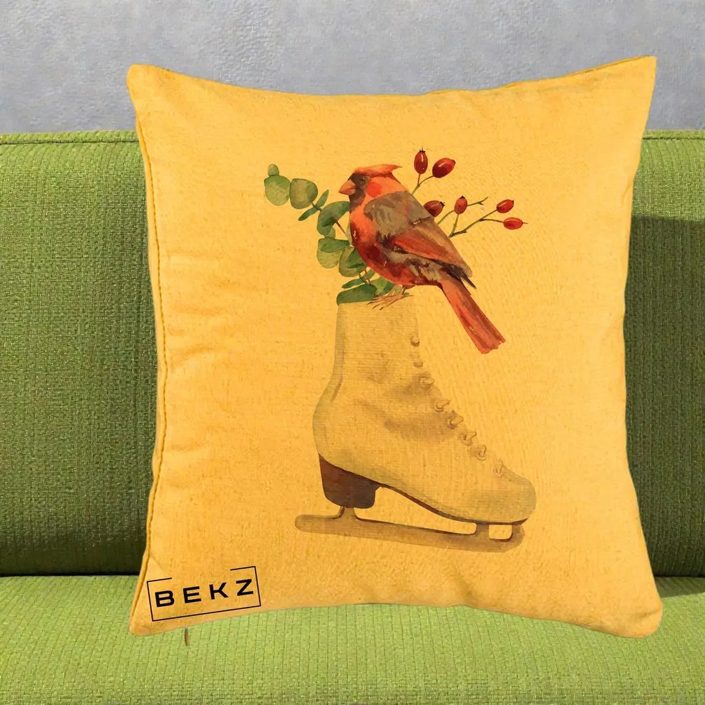 Perna Decorativa Cardinal Rosu pe Patina de Gheata, 40x40 cm, Galben, Husa Detasabila, Perna Inclusa, BEKZ®