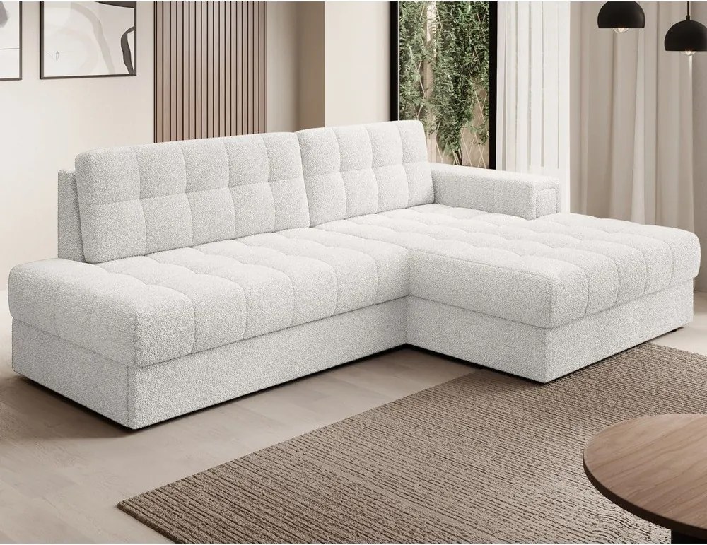 Colțar crem extensibil cu tapițerie din țesătură bouclé (cu colț pe partea dreaptă/cu șezlong) Blezalt – ELTAP