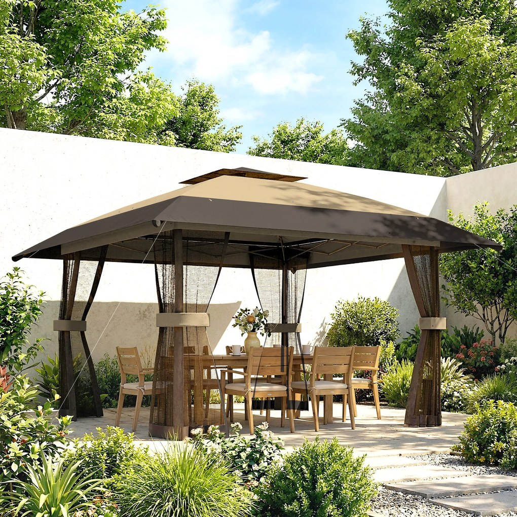 Outsunny Pavilion Pliabil Pavilion de Grădină Pop Up cu Plase de Țânțari, 4x4 m, Kaki | Aosom Romania