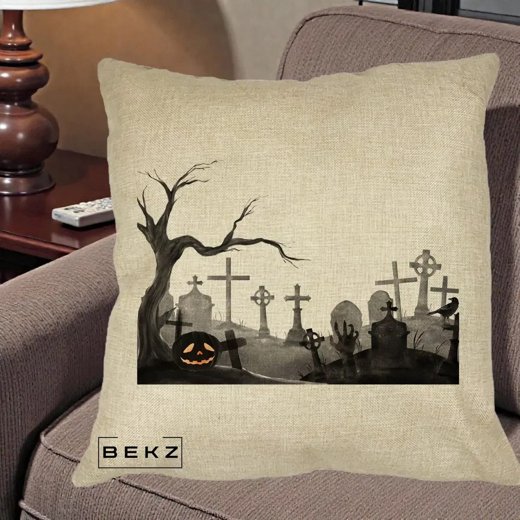 Perna Decorativa Halloween Cimitir Acuarela cu Dovleac, 40x40 cm, Crem, Husa Detasabila, Perna Inclusa, BEKZ®