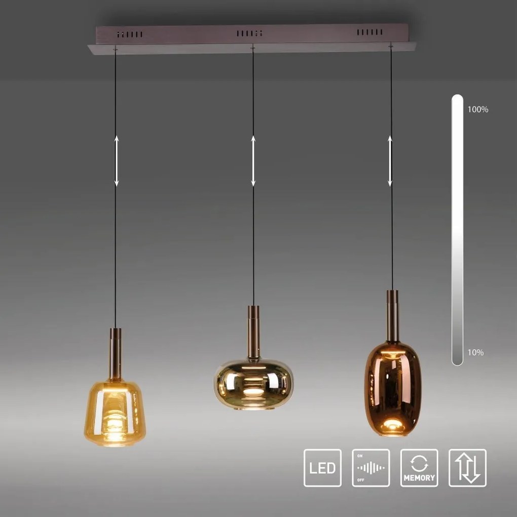 Lustra cu 3 pendule LED, inaltime reglabila, sticla, multicolor, IRIDES