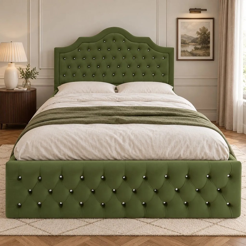Pat tapițat Chesterfield din catifea Imperio Deluxe 180×200 cm, kaki, cu ladă de depozitare