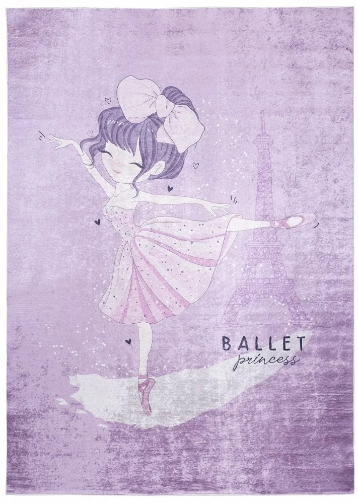 Covor violet pentru copii cu un motiv de balerină la Turnul Eiffel Lăţime: 80 cm | Lungime: 150 cm