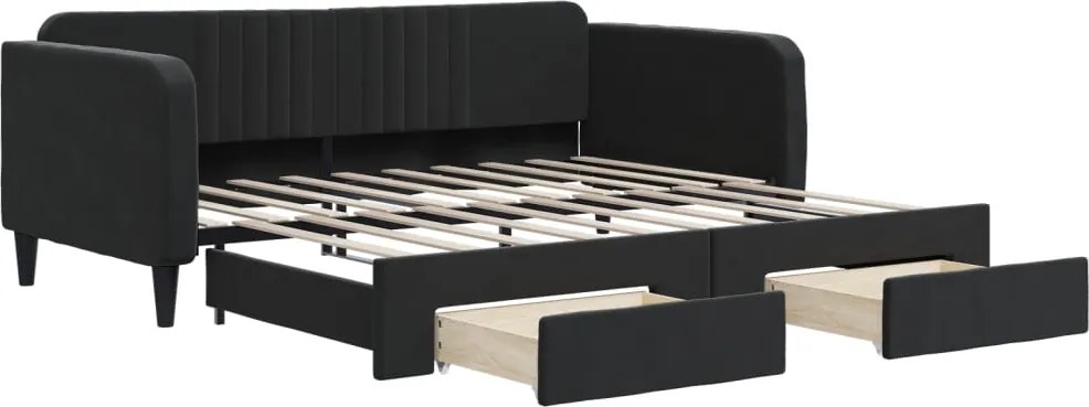 vidaXL Pat de zi cu extensie și sertare, negru, 90x190 cm, catifea