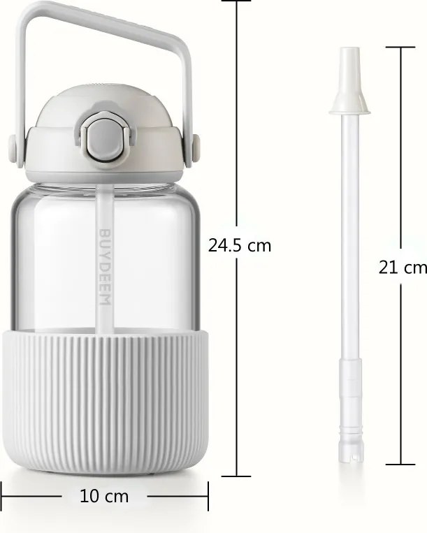 Sticlă portabilă pentru băuturi BUYDEEM DG710-OW, 1 l, Paie retractabilă, Mâner, Sticlă rezistentă la temperaturi de până la 150 °C, Triplă etanșare, Alb