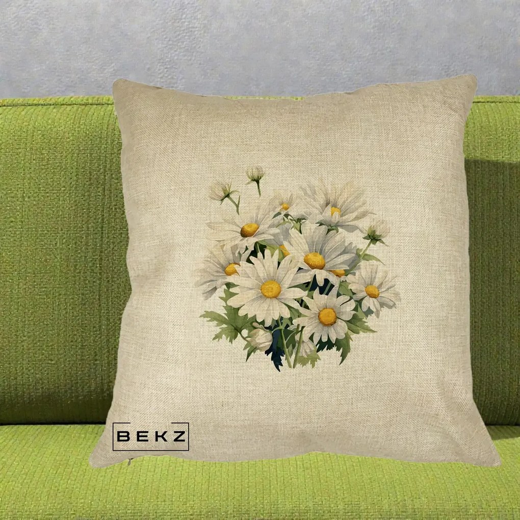 Perna Decorativa Buchet Margarete Albe Acuarela, 40x40 cm, Crem, Husa Detasabila, Perna Inclusa, BEKZ®