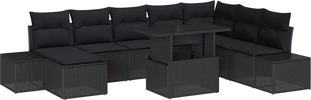 vidaXL Set de canapele pentru grădină cu pernă 9 pcs Negru poliratan