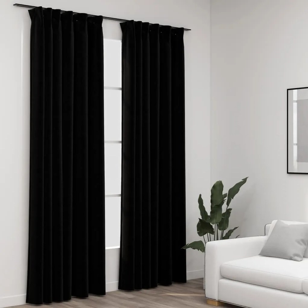 Perdele opace aspect panza, carlige, 2 buc., negru, 140x225 cm 2, Negru, 140 x 225 cm