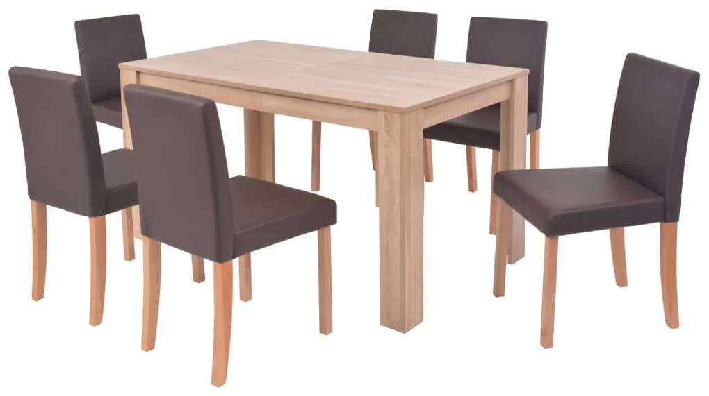 243530 vidaXL Masă și scaune 7 piese, piele artificială, stejar, maro
