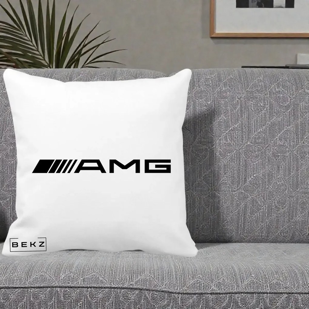 Perna Personalizata cu emblema Mercedes-AMG, 40x40 cm, Alba Mata, Husa Detasabila, Perna Inclusa, BEKZ®