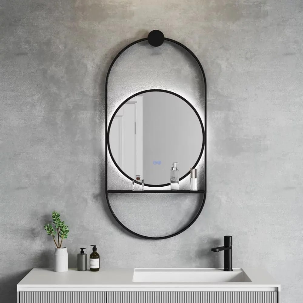 Oglinda cu iluminare si dezaburire Inter Ceramic Savona cu rama neagra 60x124 cm