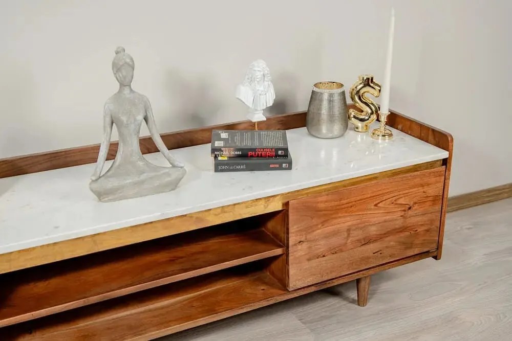 Comodă TV din lemn masiv si marmura, Milano Marble 160 x 35 x 45 cm, d