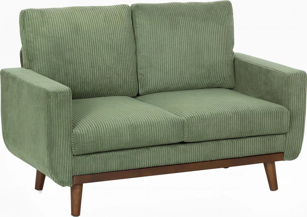 HOMCOM Canapea 2 locuri, 134 cm, catifea côtelată cu arcuri în buzunar, spătar gros, accent cu șipci din lemn, Grün | Aosom Romania