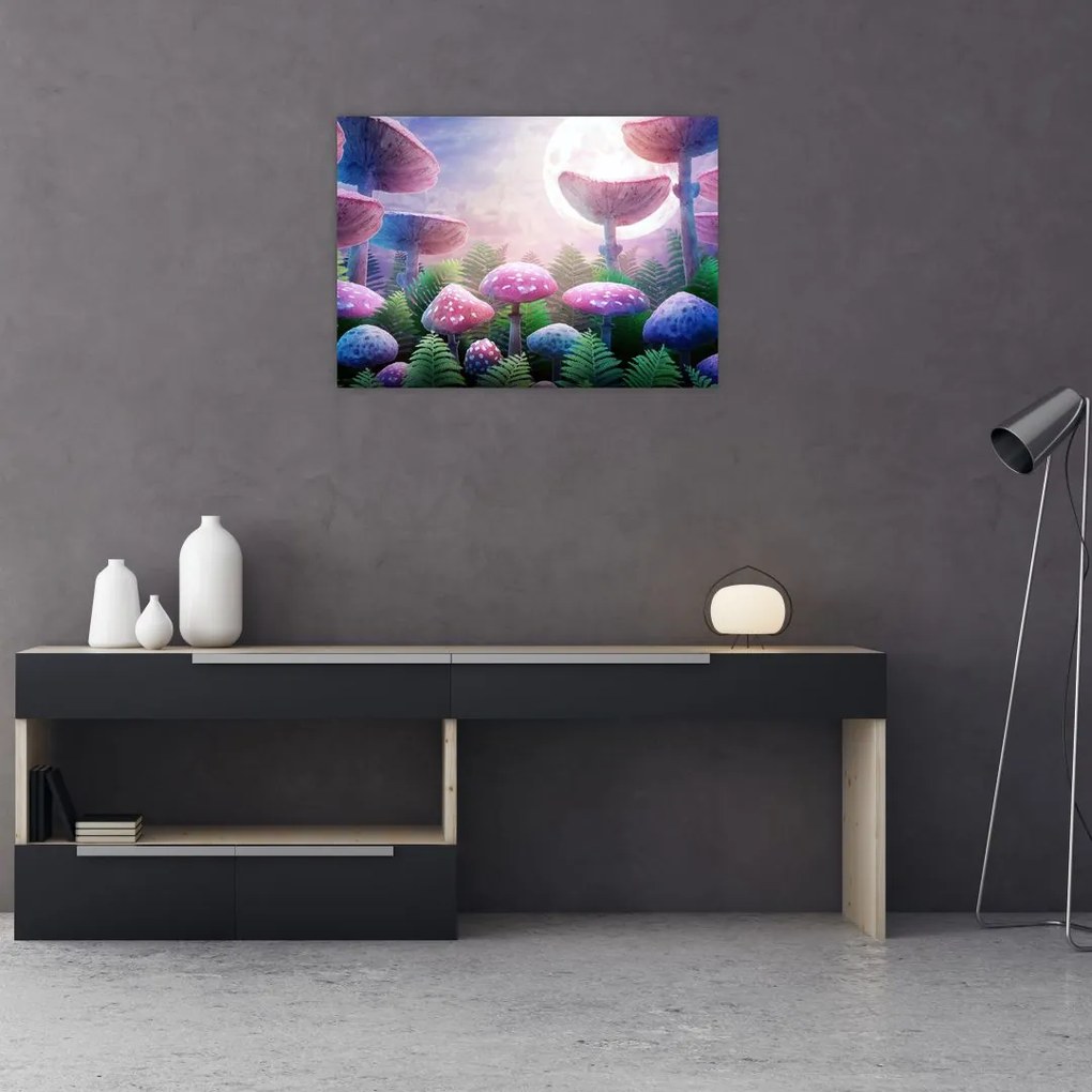 Tablou pe sticlă - Ciuperci sub lună plină (70x50 cm)