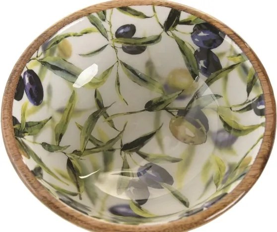 Bol decorativ Mediterranean lăcuit verde cu accente naturale din lemn de mango cu structură din lemn – "Olivia"