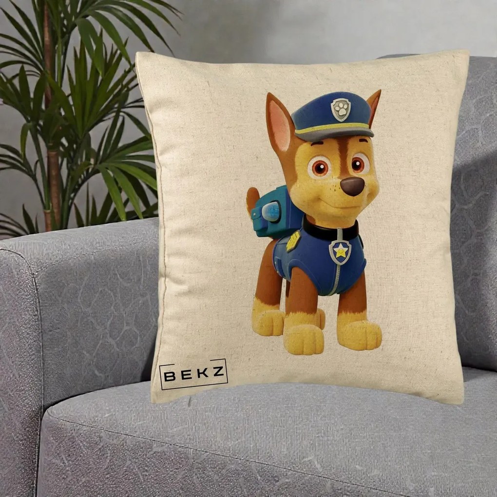 Perna Personalizata Chase PAW Patrol Albastru, 40x40 cm, Bej, Husa Detasabila, Perna Inclusa, BEKZ®