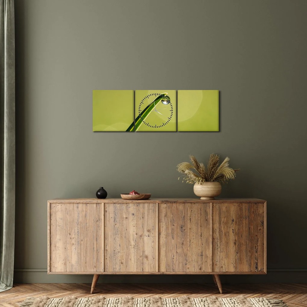 Tablou cu picătură de apă pe iarbă (cu ceas) (90x30 cm)
