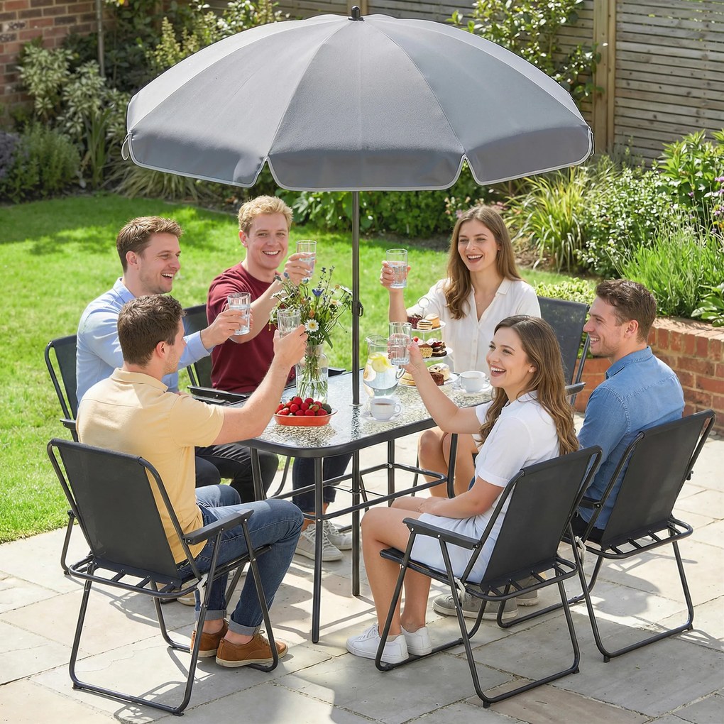 Outsunny Set Dining de Grădină 8 Piese cu Umbrelă, Mobilier de Exterior cu 6 Scaune Pliabile, Masă din Sticlă Temperată și Umbrelă pentru Terasă, Negru | Aosom Romania