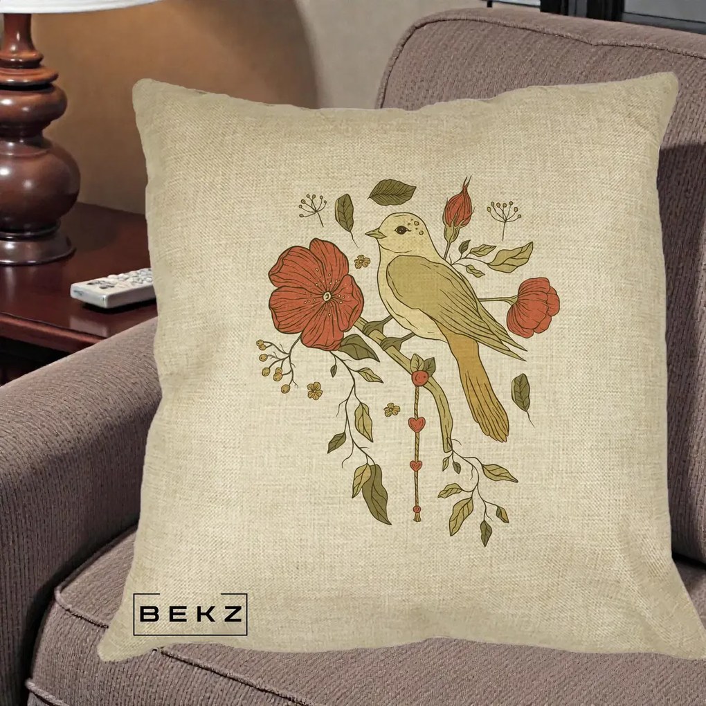 Perna Decorativa Pasare pe Ramura cu Maci, 40x40 cm, Crem, Husa Detasabila, Perna Inclusa, BEKZ®