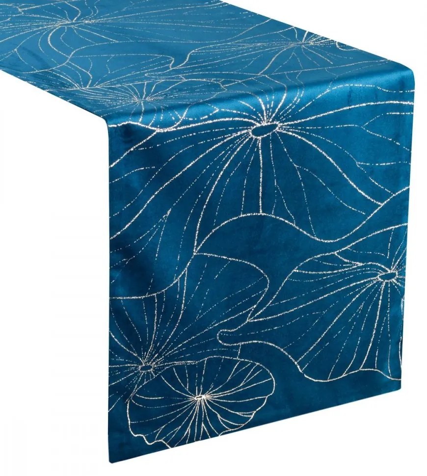 Traversa pentru masa centrală din catifea albastră cu imprimeu floral Lățime: 35 cm | Lungime: 220 cm