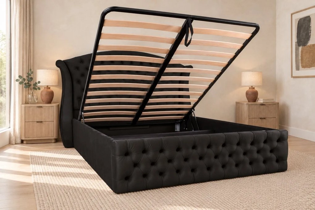 Pat tapițat Chesterfield din catifea Sorella Simple 160×200 cm, negru, cu ladă de depozitare