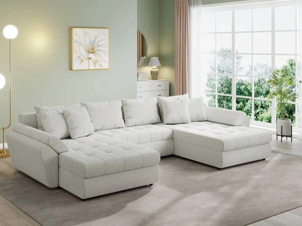 Colțar extensibil dumonde cu ladă de depozitare si sezut confortabil din spuma high-density, Loana U Euphoria Ivory 355x185 cm