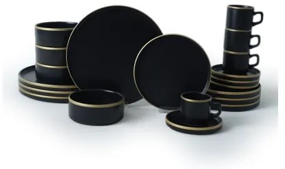 Set de veselă 20 piese — negru/auriu, din ceramică stoneware