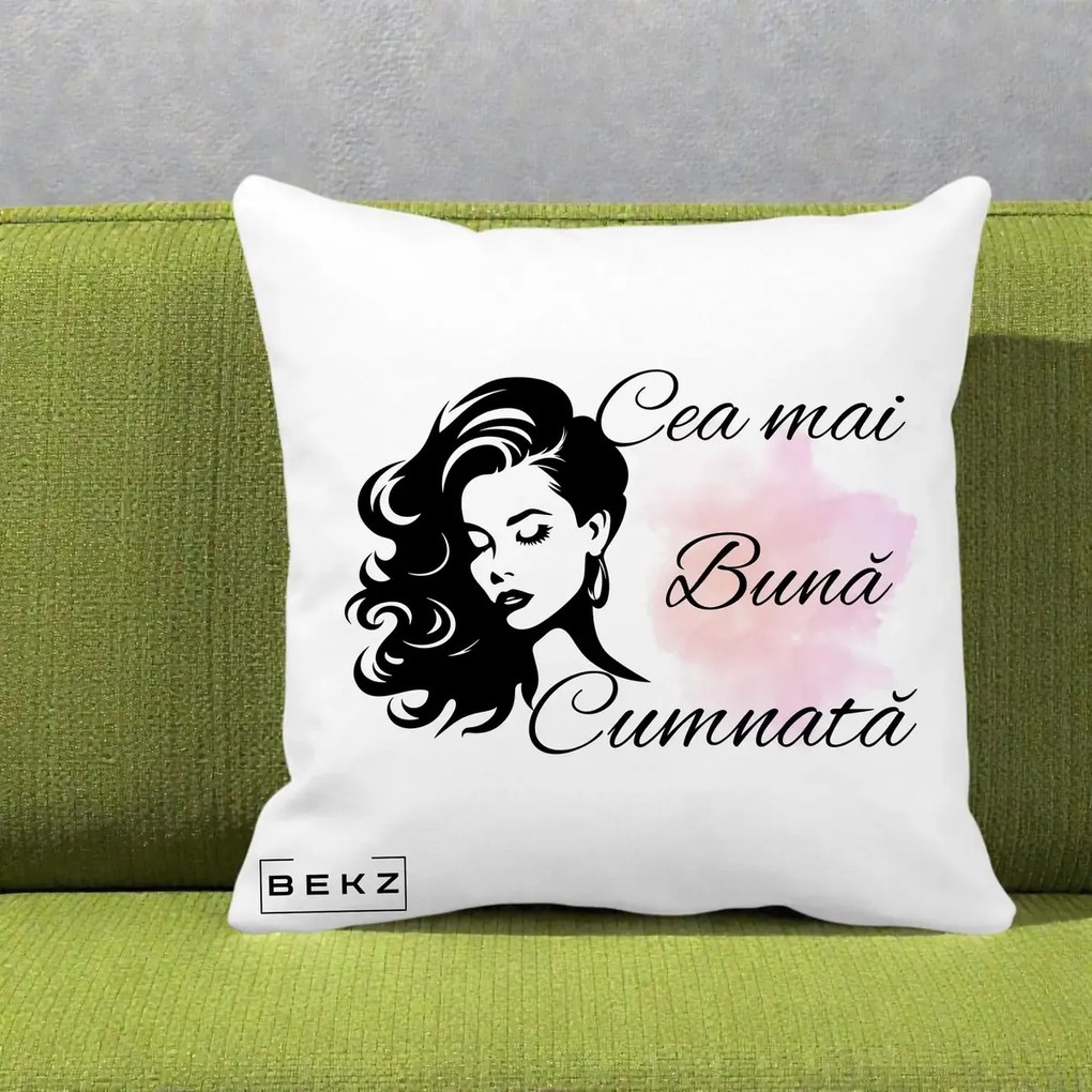 Cadou pentru Cumnata - Perna Personalizata Cea mai Buna Cumnata cu Silueta Dama si Pete Roz, 40x40 cm, Alba Mata, Husa Detasabila, Perna Inclusa, BEKZ®
