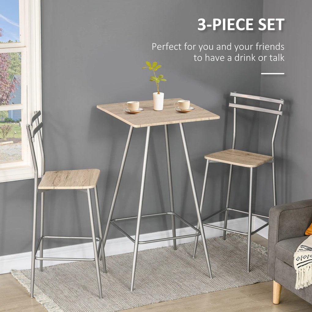 HOMCOM Set pentru bar din 3 piese cu masa inalta si scaune pentru bar din lemn si otel