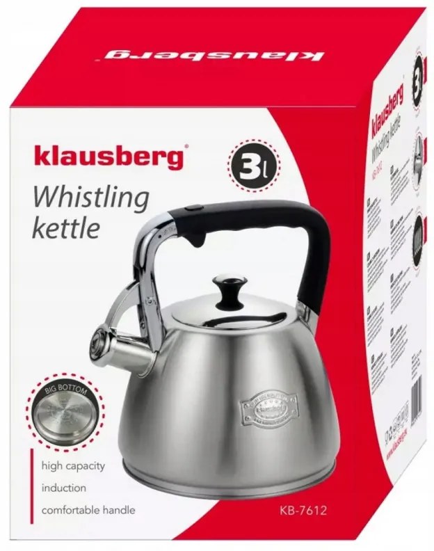 Ceainic cu fluier Klausberg KB 7612, 3L, Inductie, Maner izolat termic, Inox