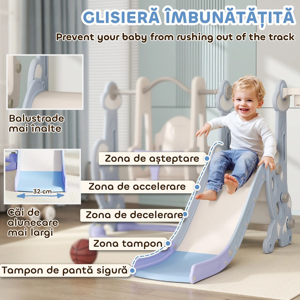 AIYAPLAY Tobogan pentru Copii 4 în 1 cu Scară de Cățărare și Coș de Baschet, 147.5x160x107 cm, Albastru Deschis | Aosom Romania