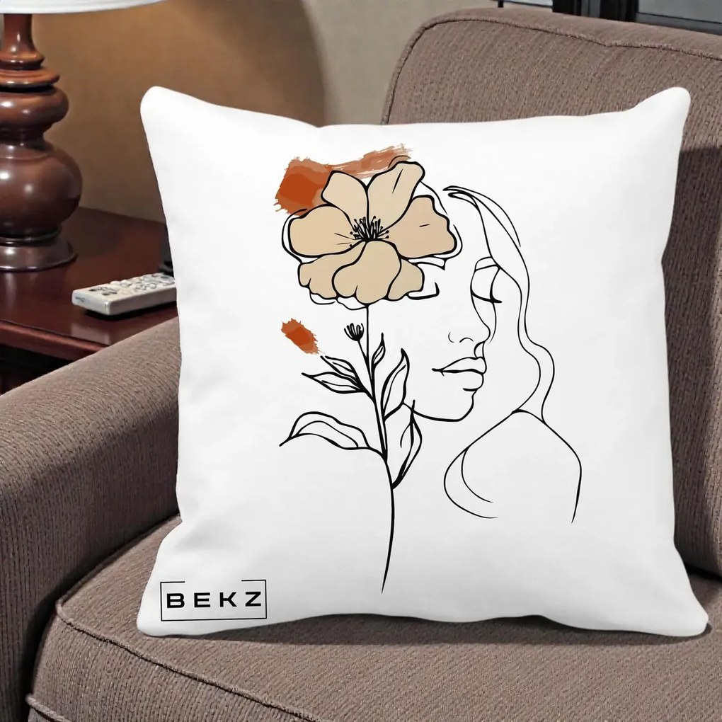 Perna Decorativa Portret Feminin Floare Bej Terracotta, 40x40 cm, Alba Mata, Husa Detasabila, Perna Inclusa, BEKZ®