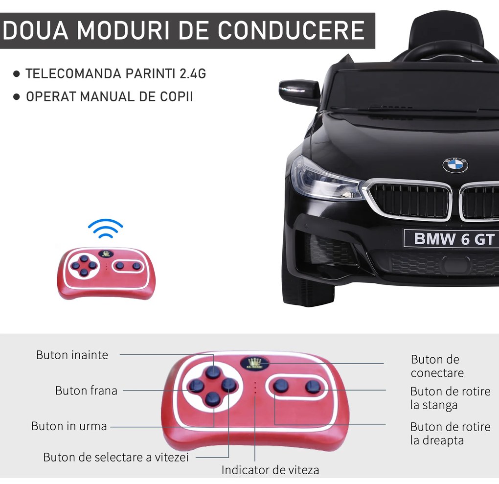 BMW Mașină Electrică 6V cu Telecomandă HOMCOM, Neagră, pentru Copii, Design Sportiv și Funcții Interactive | Aosom Romania