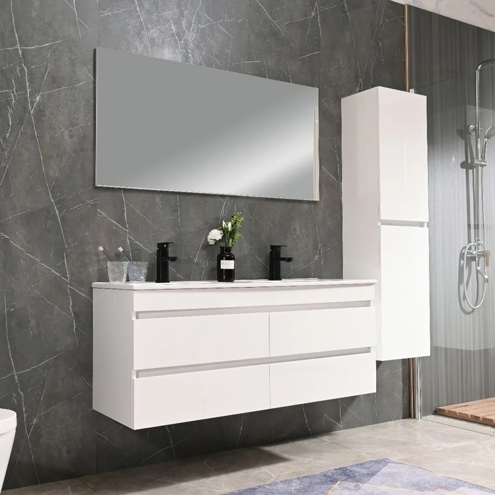 Mască de baie Cube 120 cu chiuvetă ceramică, 2 sertare, vopsită în alb lucios