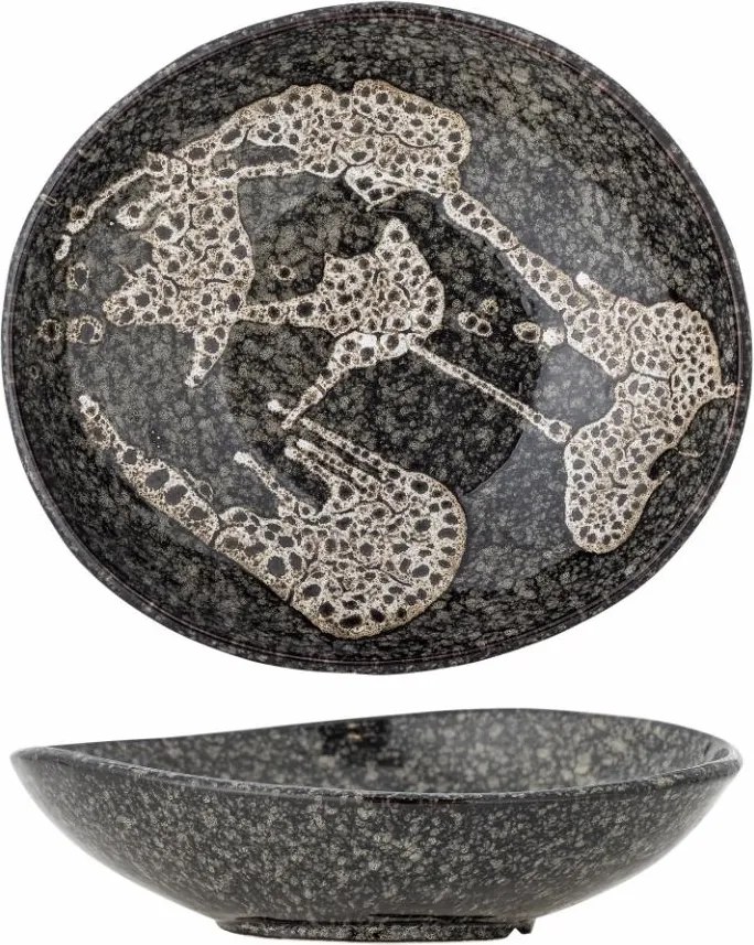 Bol de servire din ceramică, gri, formă rotunda cu margine ondulata, glazură reactivă, 8 x 24 cm, „Sway”