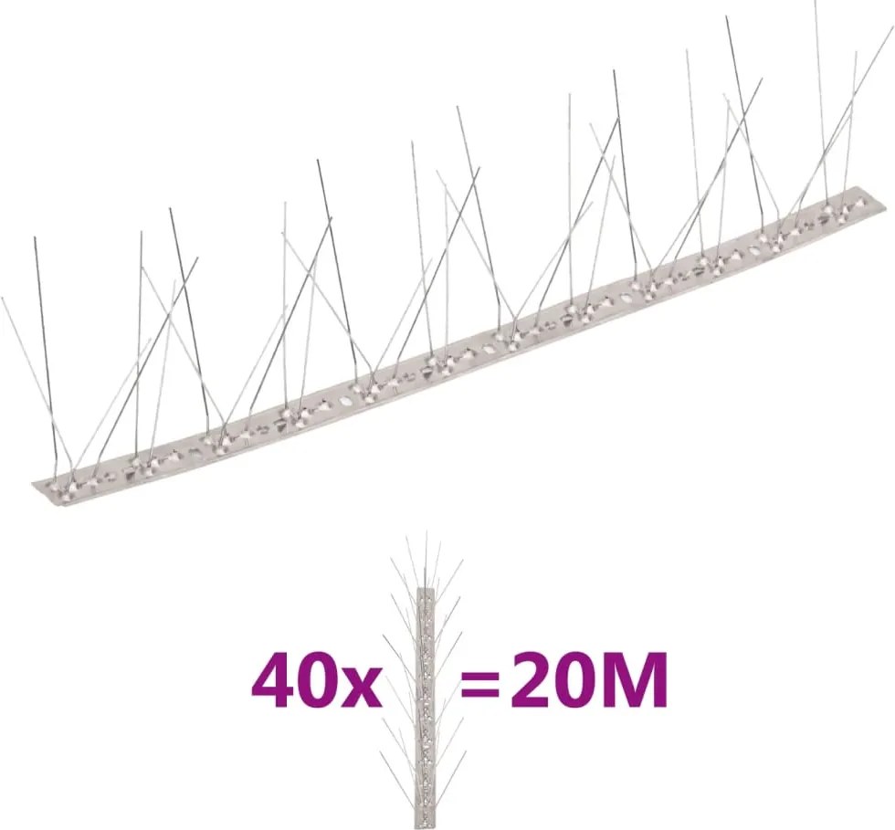vidaXL Set bandă cu țepi antipăsări cu 5 rânduri, 40 buc., oțel, 20 m