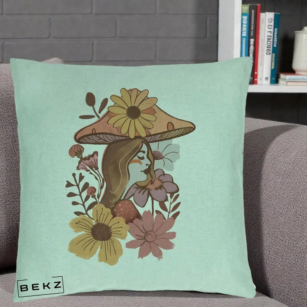 Perna Decorativa Fata Ciuperca Florala Boho, 40x40 cm, Verde Menta, Husa Detasabila, Perna Inclusa, BEKZ®