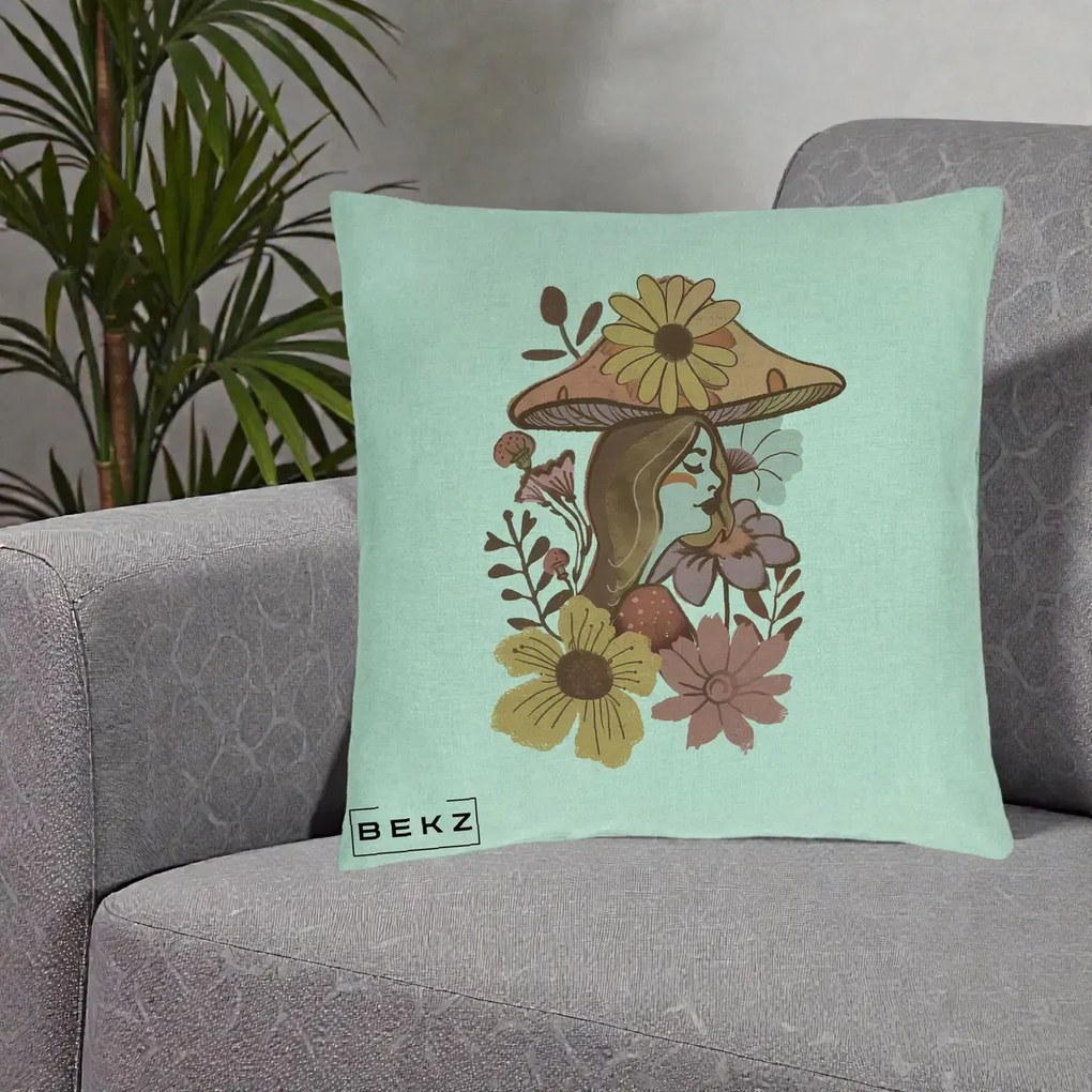 Perna Decorativa Fata Ciuperca Florala Boho, 40x40 cm, Verde Menta, Husa Detasabila, Perna Inclusa, BEKZ®