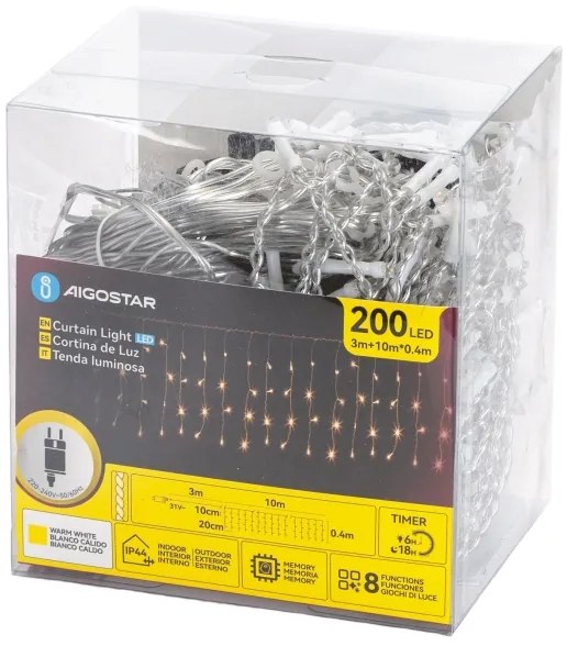 Aigostar - Ghirlandă LED de exterior pentru Crăciun 200xLED/3,6W/230V/8 funcții 10x0,4m IP44 alb cald